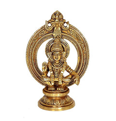 Brass Lord Ayyappan idol with detailed crown and circular halo, front view