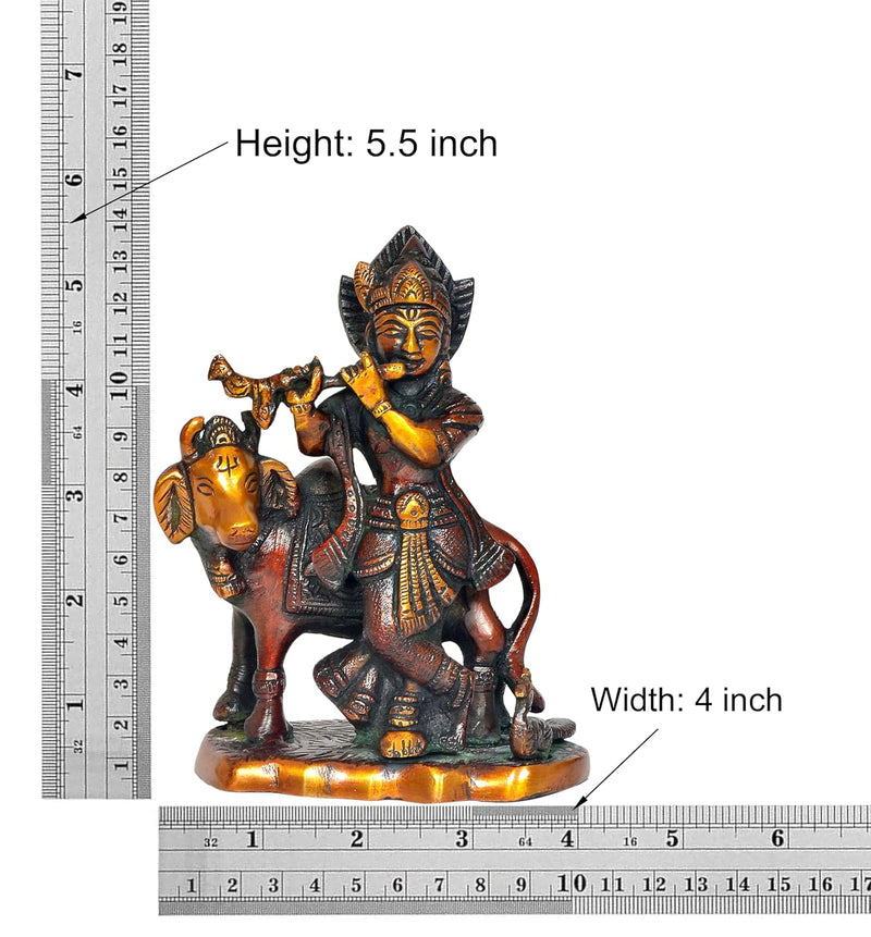 Brass Lord Krishna with Cow Idol Figurine Sculpture Playing Flute Statue Decorative Showpiece, (Height 5.5 Inch)