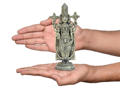 Brass Lord Tirupati Balaji idol statue held in hands, showing height and pedestal