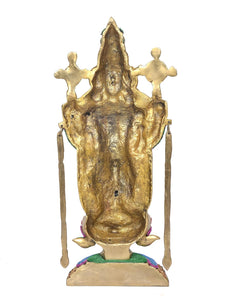 Back view of brass Tirupati Balaji idol with Lakshmi, trident and hanging arms