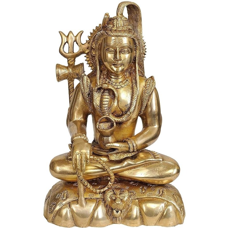 Brass Shiva deity statue seated with trident, 9.5 in height