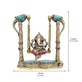 Brass Ganesha swing statue with two parrot posts, turquoise gem inlay; 8.5 in height