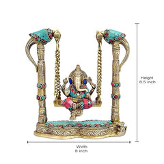 Brass Ganesha swing statue with two parrot posts, turquoise gem inlay; 8.5 in height