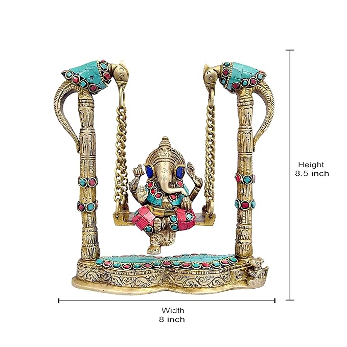 Brass Ganesha on a Swing Statue with Two Parrot Holding Chain, Height : 8.5