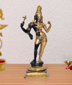 Brass Ardhanrishvara Shiva-Parvati statue with raised hands, black and gold finish, on base
