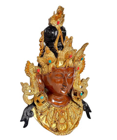 Tara Wandhängemaske seitlich, goldene Dekoration mit türkisroten Akzenten und Augen