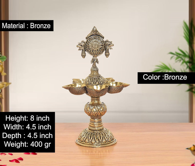 Bronze Oil Lamp Five Diya Lamp Stand (Height: 8 inch)