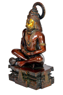 Front angled bronze-toned Hanuman yoga pose idol statue, seated cross-legged on carved base