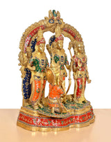 Ram Darbar brass idol from front-left, colorful painted clothes and detailed arched halo