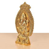 Gold metal Ganesha idol, side profile, detailed raised arms and halo