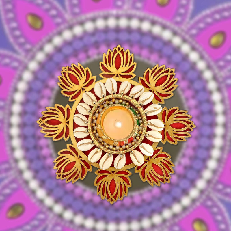 Diya tea light holder with multicolor lotus design, bead ring, and central candle cup