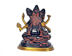 Brass seated Dattatreya statue, three-faced crown, patterned garment, round gold base