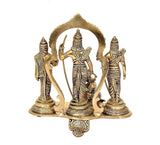 Brass Ram Darbar idol from back: arched frame, Ram with bow and standing figures