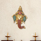 Brass Ganesha head wall hanging, jeweled blue/red/green detailing