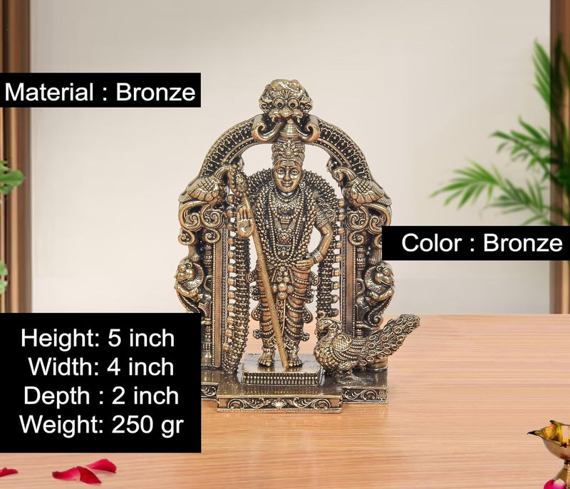 Bronze Standing Lord Kartikeya with Peacock and Kirtimukha Prabhavali Murugan Murti (Height 5 Inch)