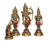 Brass Ram Darbar statue set: Ram with bow at center, Sita and Laxman, Hanuman on left