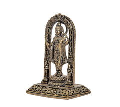 Brass Ram Lalla murti side view in arched frame, hands raised, ornate base