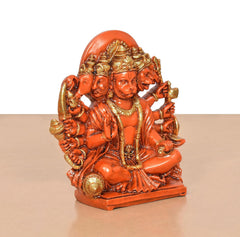 Orange Panchmukhi Hanuman resin idol, angled view showing five faces and golden accents