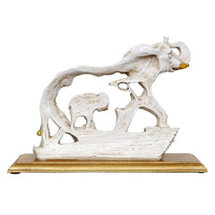 Weiße Elefanten-Deko aus Polyresin: Elefant mit Jungtier, goldener Sockel