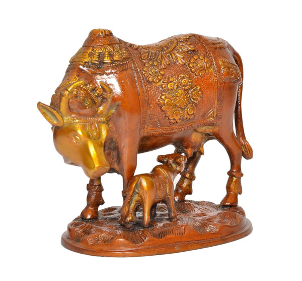 Brass Kamdhenu Cow with Calf for Home Decor Pooja Mandir Temple Office Decorative Showpiece Statue (Height: 6.5 Inch) Study Setting