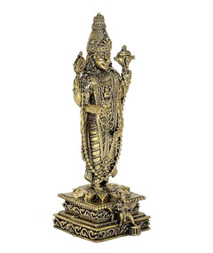 Tirupati Balaji brass idol statue, angled view of ornate standing deity on pedestal base