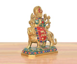 Durga Maa figurine on lion brass statue, red torso, green trim, colorful bead border