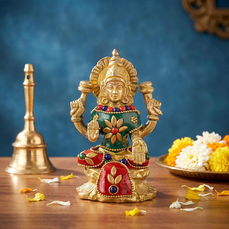 Brass Goddess Lakshmi Idol Laxmi with Arch Frame and Kalash Pots Statue for Puja Temple Home Office Decor (Height:4.5 Inches)