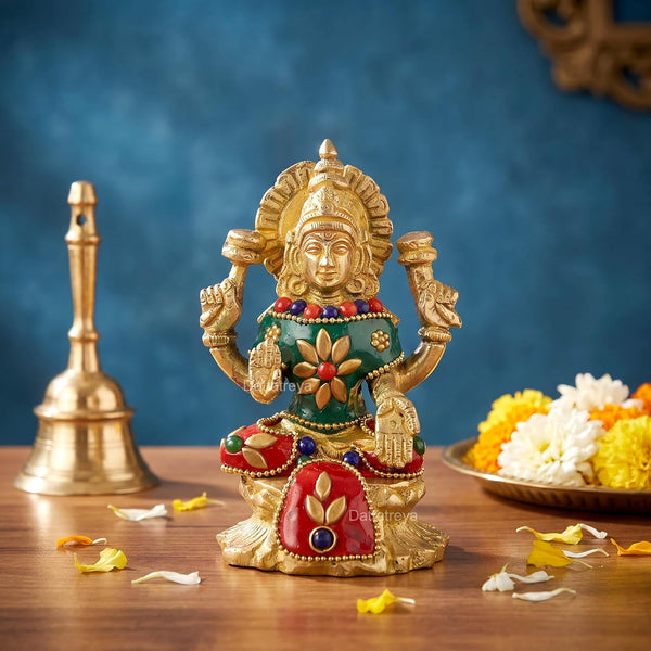 Brass Goddess Lakshmi Idol Laxmi with Arch Frame and Kalash Pots Statue for Puja Temple Home Office Decor (Height:4.5 Inches)