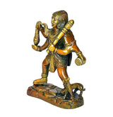 Brass Bhairav idol with dog at feet, seated base, side view, 7-inch height