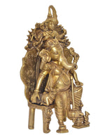 Golden Ganesha idol statue, rear side view with sculpted halo and back detailing