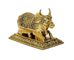 3/4 view gold Nandi cow statue with embossed base details