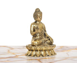 Brass seated Buddha idol, Abhaya mudra hand raised, detailed robe, angled view