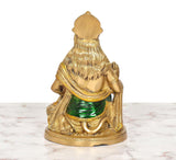 Brass Hanuman JI statue, back view on circular base with sculpted drapery