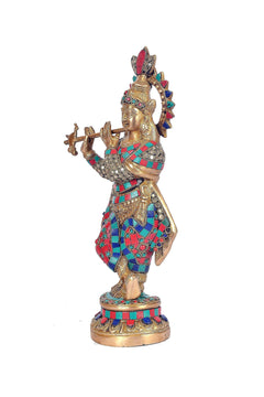 Brass Lord Krishna figurine in colorful inlay, side view with flute and crown