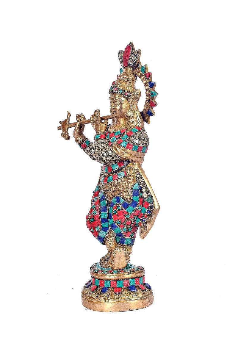 Brass Lord Krishna Idol Krishna Religious Statue with Inlay Work Height 15 Inch