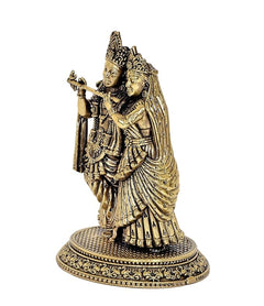 Radha Krishna brass idol with intricate jewelry and garments, 5 inch
