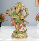 Dancing Ganesha brass statue, blue gem eyes, red & green painted clothing