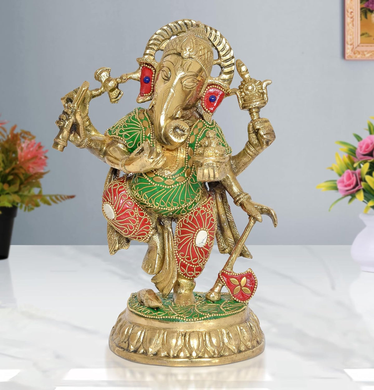 Dancing Ganesha brass statue, blue gem eyes, red & green painted clothing