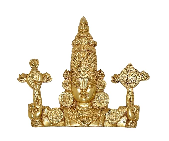 Brass Lord Tirupati Balaji Bust with Vaishnava Symbols Wall Hanging Home Temple Office Figurine Height: 6 Inch