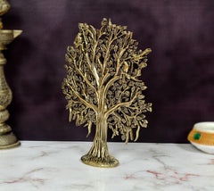 Kalpavriksha tree standing figurine in bronze, full round canopy with leaves