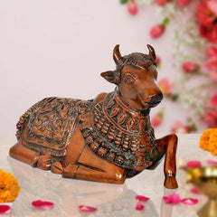 Brass Nandi bull statue seated, ornate engravings on body and neck