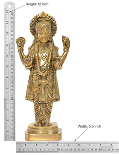 Brass deity statue, front view of standing four-armed figure with ornate crown on base