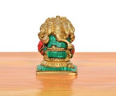 Brass multicolour panchmukhi Ganesha sitting murti, detailed face with teal torso