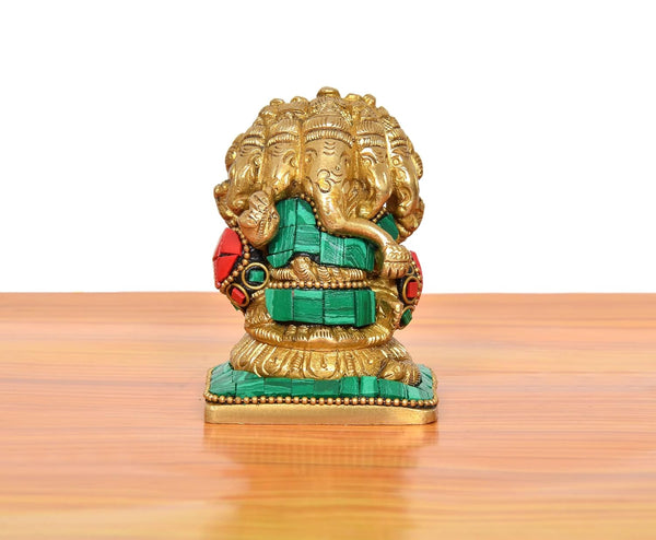 Brass Multicolour Panchmukhi Ganesha Sitting Murti (Height: 3 inch) Study Setting