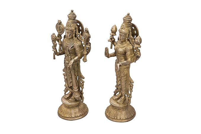 Indian Lord Vishnu with Maa Lakshmi Standing Statue Decorative Showpiece - (Brass, Height 13")