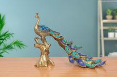 Brass peacock showpiece with multicolor enamel, standing on ornate base