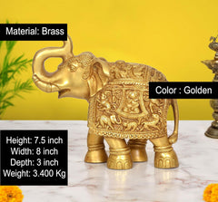 Brass elephant figurine, 7.5 in tall; carved panels and golden finish