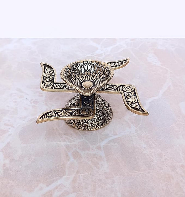 Brass Swastik Diya Oil Lamp with Satya Diya Akhand Diya,for Pooja, Mandir, Festival Tealight Holder for Diwali Decoration Height: 4 inch Study Setting