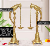 AONA brass parrot diya stand set of 2, 16.5 in tall, hanging chains and cups
