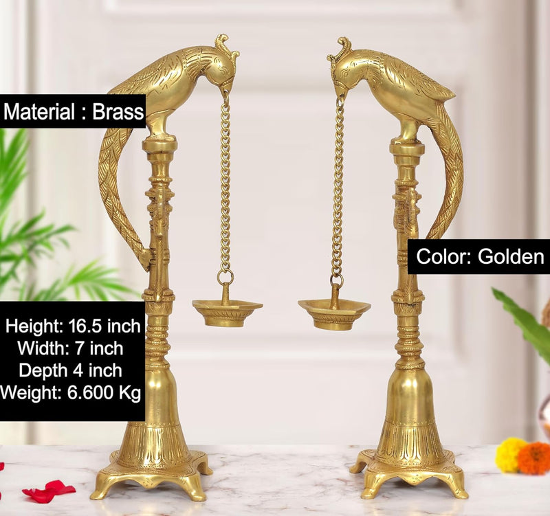 Brass Parrot Hanging Chain Oil Lamp Stand Diya |Set of 2| (Height: 16.5 Inch)